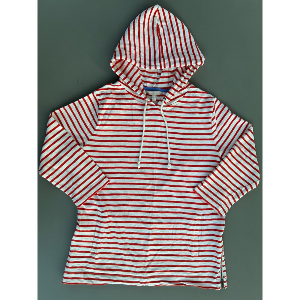 Banana Republic Womens Red White Striped 3/4 Sleeve Cotton Hoodie M